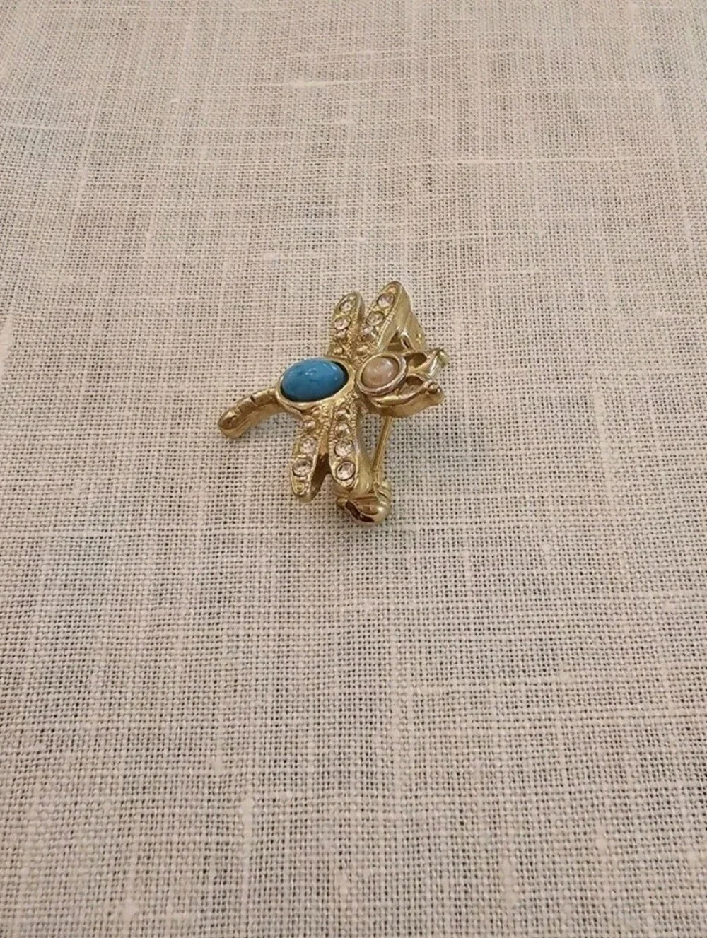 Vintage Tiny Goldtone Dragonfly Brooch Pin - Faux Pearl, Turquoise & Rhinestone